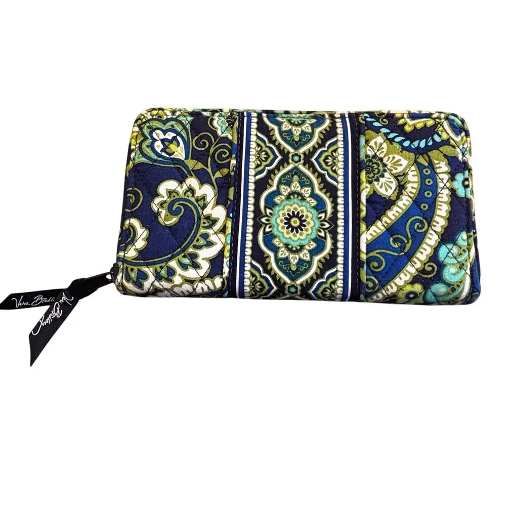 Vera Bradley zip around wallet accordion interior zipper coin pocket blue green